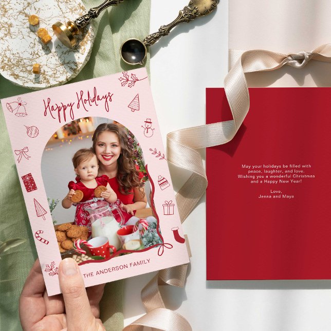 Cartão De Festividades Retro Happy Holidays Photo Hand Drawn (Criador carregado)