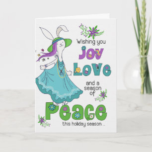Cartão De Festividades Retro Hippie Joy Love and Peace Holiday Bunny