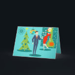 Cartão De Festividades Retro Holiday Cartoon Couple Christmas Card<br><div class="desc">This Retro Holiday Cartoon Couple Christmas Card will put you in the holiday spirit. The front design features a turquoise background with teal bricks and an olive green, cone fireplace. There is a teal, starburst wall clock and a two-tier pendant lamp in shades of yellow, blue and black. A green...</div>