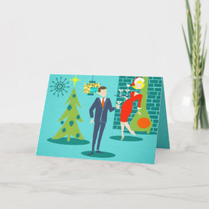 Cartão De Festividades Retro Holiday Cartoon Couple Christmas Card