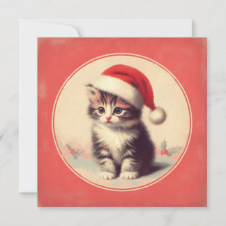 Cartão De Festividades Retro Kitten em Santa Hat