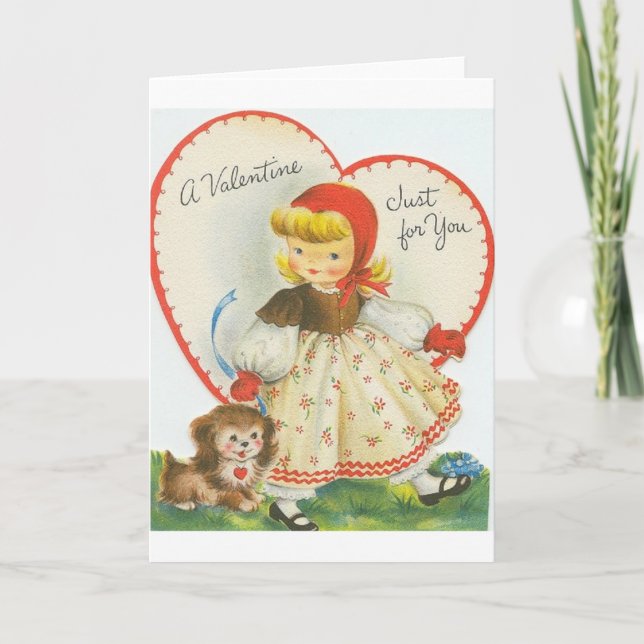 Cartão De Festividades Retro Little Girl And Puppy Valentine's Day Card (Frente)