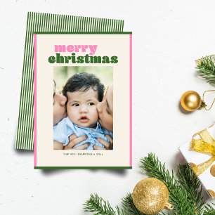 Cartão De Festividades Retro Moderno Rosa Verde Foto de Natal Bebê
