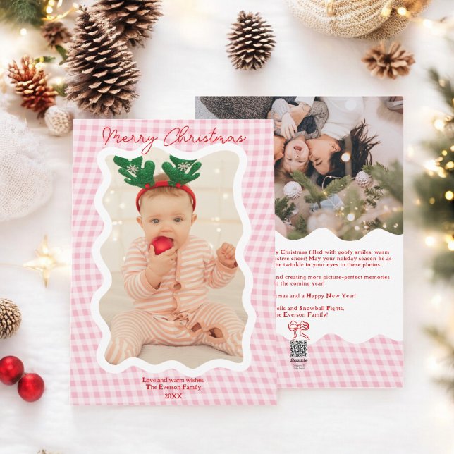Cartão De Festividades Retro Pink Gingham Feliz Natal Wavy 2 fotos (Retro Pink Gingham Merry Christmas Wavy 2 photos Holiday Card)