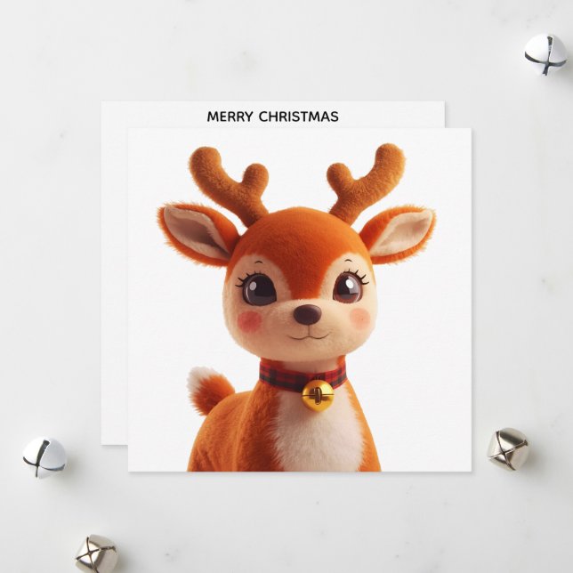 Cartão De Festividades Retro Plush Reindeer Christmas Art (Frente/Verso In Situ)