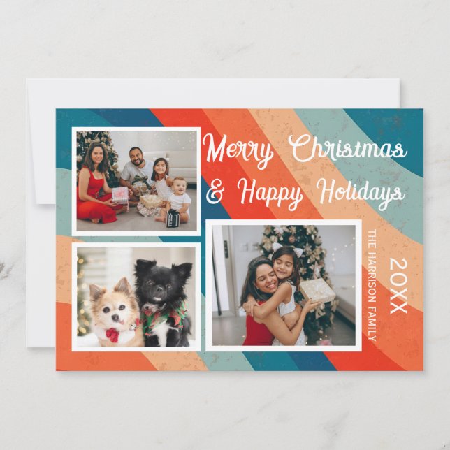 Cartão De Festividades Retro Psicodélico Onda Três Fotografias Natal (Frente)