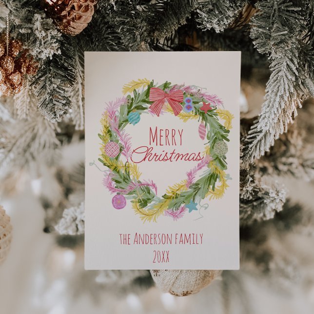 Cartão De Festividades Retro Quirky Green Christmas Arco Wreath Non-Photo (Criador carregado)