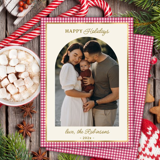 Cartão De Festividades Retro Red Dourado Arch Foto de Natal Feliz (Criador carregado)