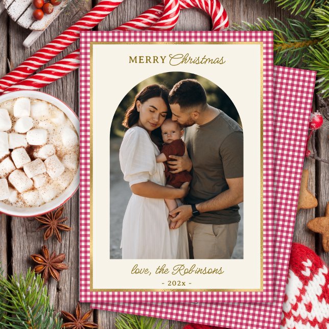 Cartão De Festividades Retro Red Dourado Arch Foto Feliz Natal (Criador carregado)