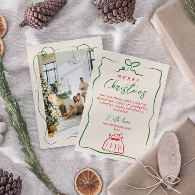 Cartão De Festividades Retro Red Green - Foto do Natal Desenhada (Criador carregado)