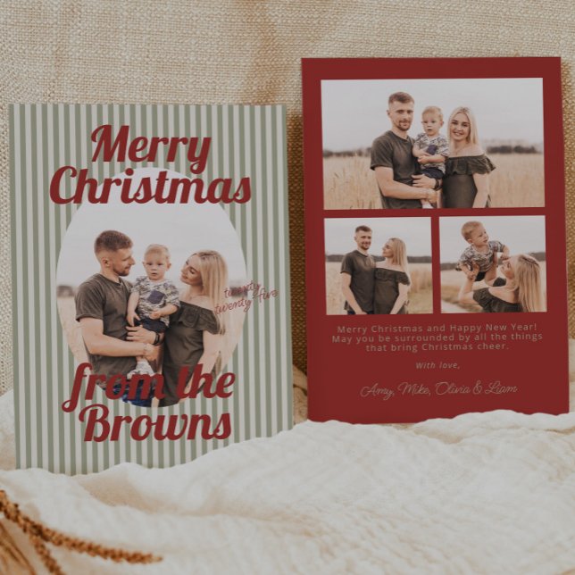 Cartão De Festividades Retro Red Green Stripes Boho Oval Natal (Criador carregado)