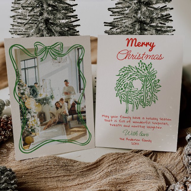 Cartão De Festividades Retro Red Hand Drawn Arco Wreath Foto Natal (Criador carregado)