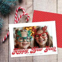Retro Red Script Happy New Year One Photo