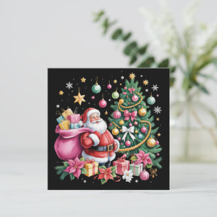 Cartão De Festividades Retro Rosa Papai Noel Coquette Natal Árvore Bonita