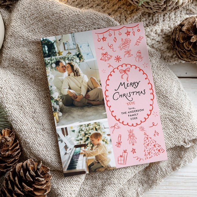 Cartão De Festividades Retro Rosa Vermelho Desenhe Mão Feliz Natal 2 Foto (Criador carregado)