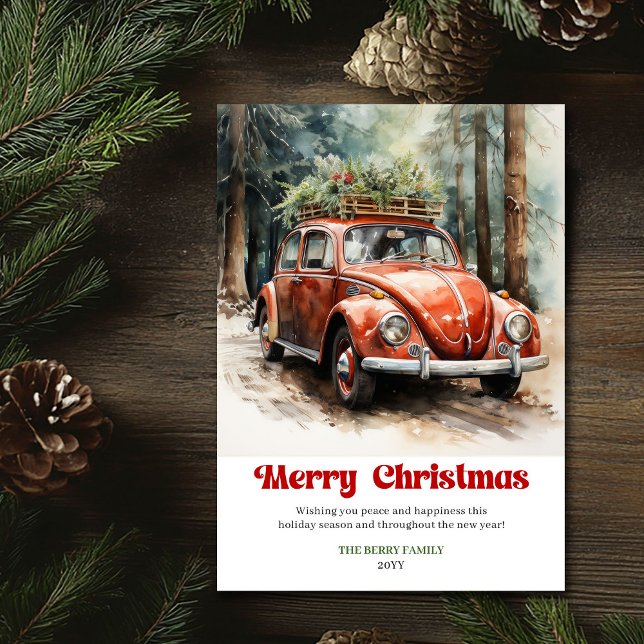 Cartão De Festividades Retro rustic Christmas scene red car greeting (Retro rustic Christmas scene red car greeting)