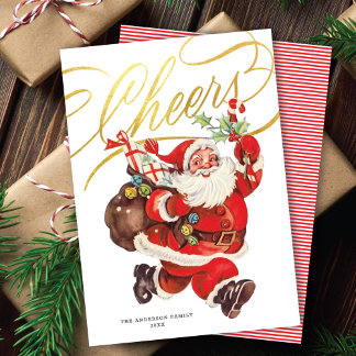Cartão De Festividades Retro Santa Gold Script Parabéns Natal Sem Foto