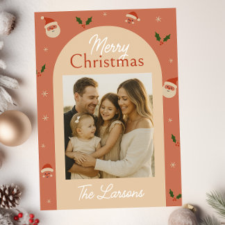 Cartão De Festividades Retro Santa & Holly Arch Christmas Card