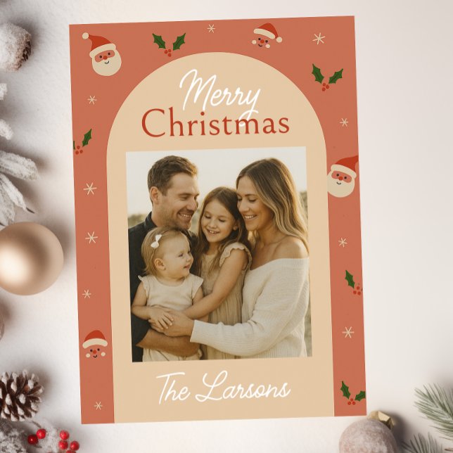 Cartão De Festividades Retro Santa & Holly Arch Christmas Card (Criador carregado)