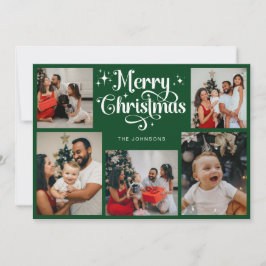 Cartão De Festividades Retro Script Green - Foto da família de Natal feli