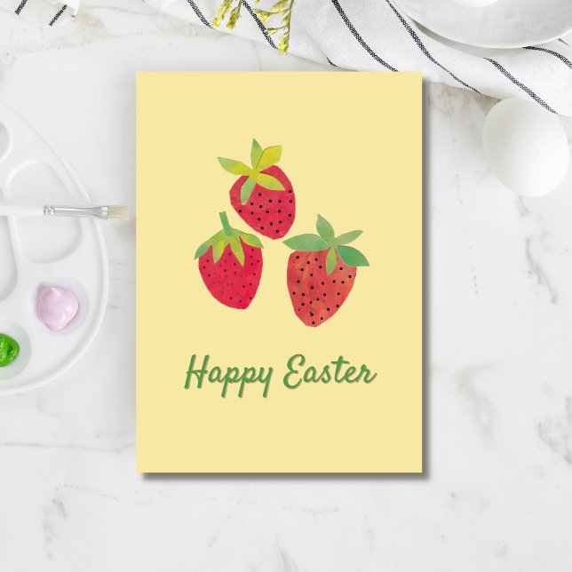 Cartão De Festividades Retro Spring Strawberry Easter Folded Holiday Card (Three vibrant red strawberries appear over a retro "Happy Easter" all on a buttercream background.)