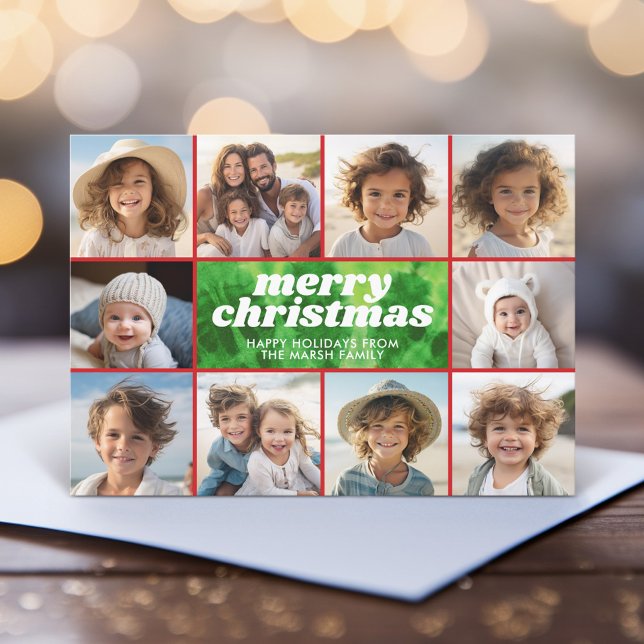 Cartão De Festividades Retro Tie-Dye Vermelho Verde - Fronteira de Fotogr (A funky tie dye design with 10 Christmas photos. Online and download options available.)