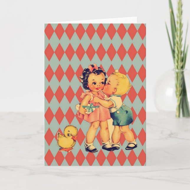 Cartão De Festividades Retro Valentine Kitsch Vintage Kids (Frente)