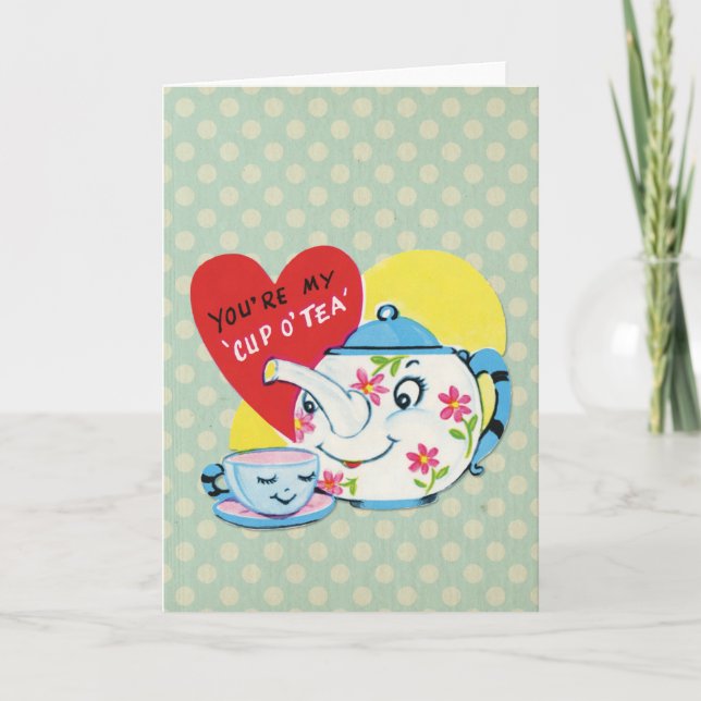 Cartão De Festividades Retro Valentines Day Cute Tea Set Blue Polka Dots (Frente)