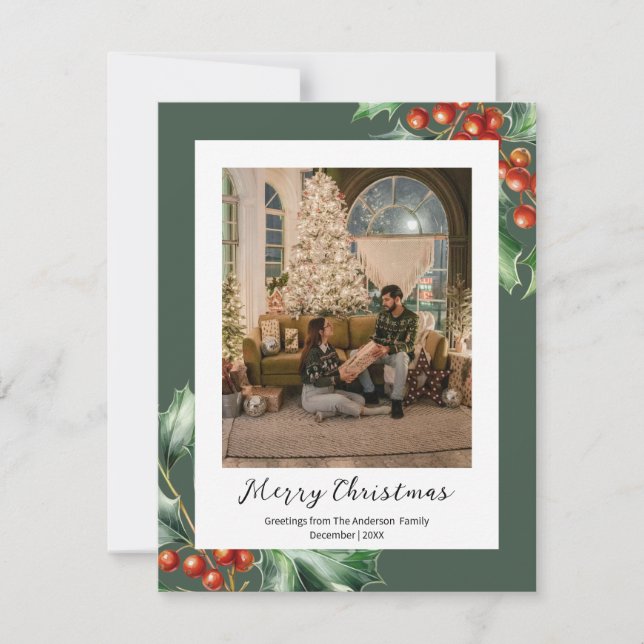 Cartão De Festividades Retro verde caçador holly (Frente)