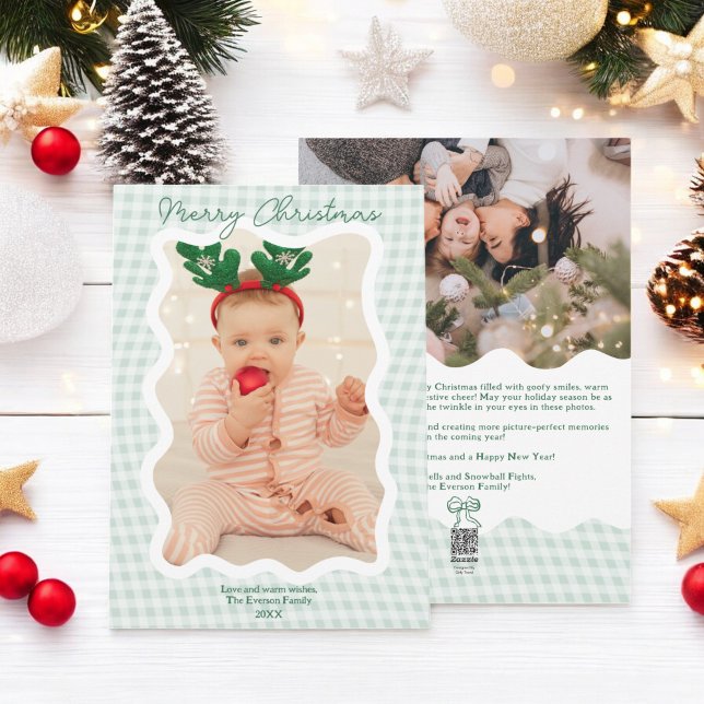 Cartão De Festividades Retro verde Gingham Felry Christmas Wavy 2 fotos (Retro green Gingham Merry Christmas Wavy 2 photos Holiday Card)