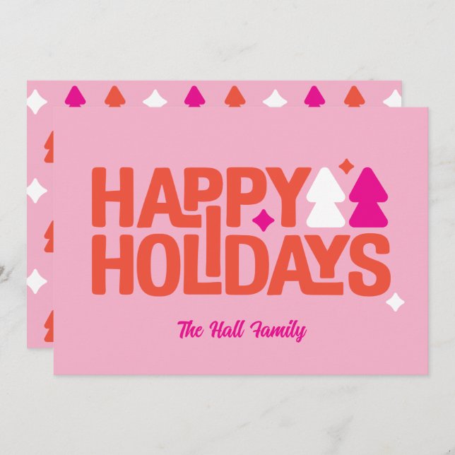 Cartão De Festividades Retro Vibes Orange and Pink Holiday Card (Frente/Verso)