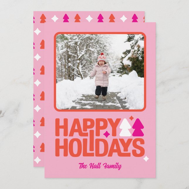 Cartão De Festividades Retro Vibes Pink Orange Holiday Photo Card (Frente/Verso)