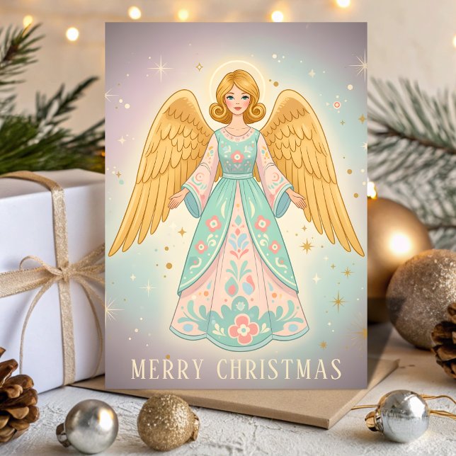 Cartão De Festividades Retro Vintage Angel Glow Christmas (Criador carregado)