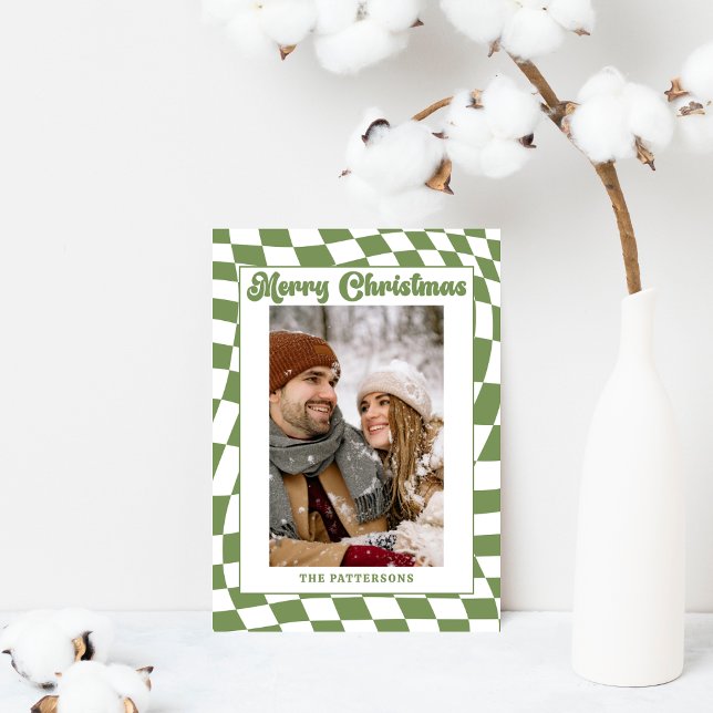 Cartão De Festividades Retro Wavy Checkered Sage Green Photo Christmas  (Criador carregado)