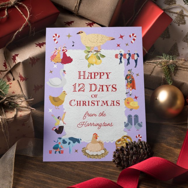 Cartão De Festividades Retro Whimsical 12 Days of Christmas (On this whimsical card, "12 Days of Christmas" images appear against a pastel lavender background.)