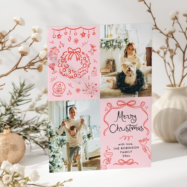 Cartão De Festividades Retrô Whimsical Desenhou Feliz Natal 2 Foto (Criador carregado)