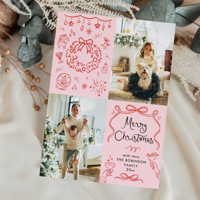 Cartão De Festividades Retrô Whimsical Desenhou Feliz Natal 2 Foto (Criador carregado)