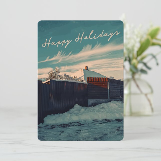 Cartão De Festividades Retro Winter Snow Landscape Teal Sky Holiday (Em pé/Frente)