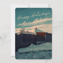 Cartão De Festividades Retro Winter Snow Landscape Teal Sky Holiday