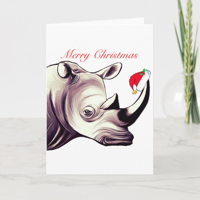 Cartão De Festividades Rhinoceros With Santa Hat Christmas Card (Frente)