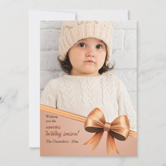 Cartão De Festividades Ribbon Wrapped Photo Holiday Card (Frente)