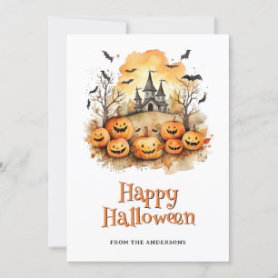 Cartão De Festividades Rindo, Engraçados Pumpkins Bats Assombrados Mansão
