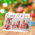 Cartão De Festividades Rindo Por Todo O Caminho Rainbow 3 Foto De Natal<br><div class="desc">Belo e colorido cartão de 3 fotos de Natal dobrado com Rir Todo o Caminho em bonito escrita cursiva de arco-íris. Personalize com suas três fotografias de família vertical favoritas de seus filhos sorridentes acima do seu nome ou saudação personalizada em vermelho. Cartões de natal divertidos e alegres com um...</div>
