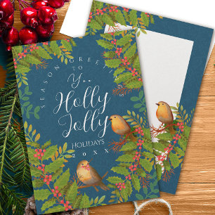 Cartão De Festividades Robin Birds Holly Berry Dark Teal
