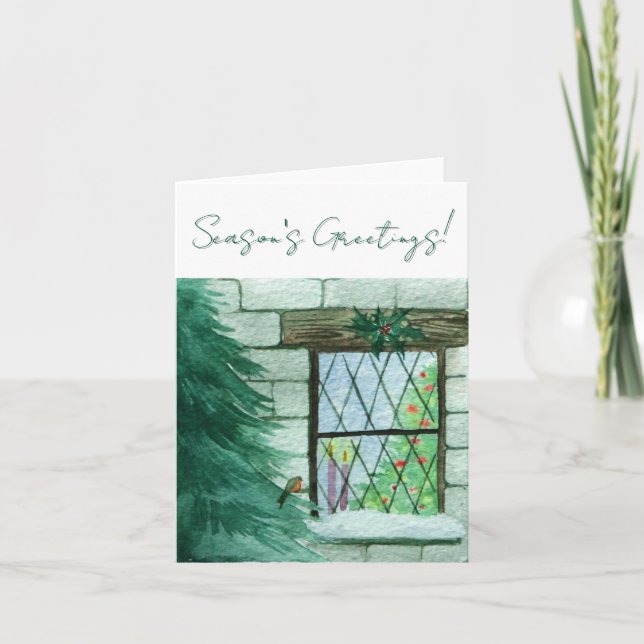 Cartão De Festividades Robin Outside Of A Festive Window Christmas Card (Frente)