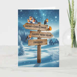 Cartão De Festividades Robins de Natal amigáveis em um cartaz