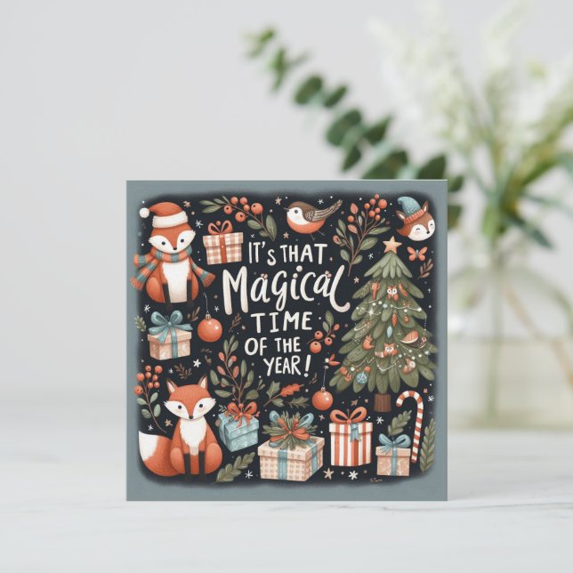 Cartão De Festividades Robins e raposas de árvores de Natal (Em pé/Frente)