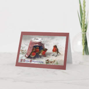 Cartão De Festividades Robins Ingleses Sob Natais vintages Flowerpot