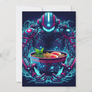 Cartão De Festividades Robô Futurista Ciberpunk Neon Comida Ramen