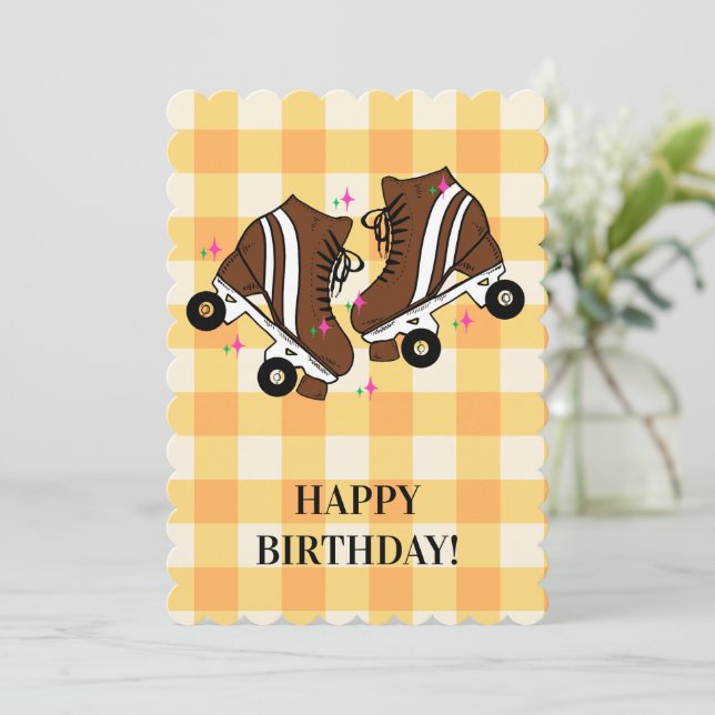 Cartão De Festividades Roller Skate Skating Peach Gingham Birthday (Em pé/Frente)